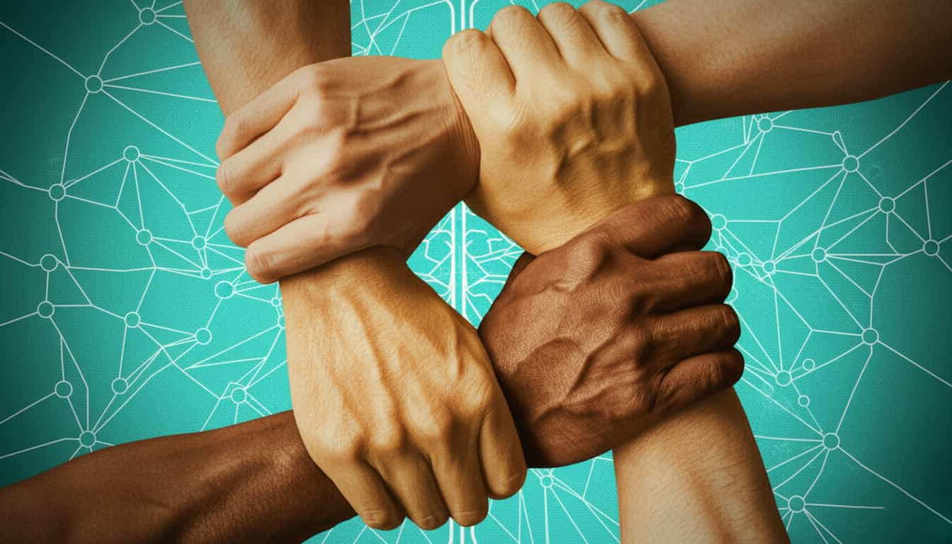 Een team dat samenwerkt en synergie creëert, symbool voor teamchemie.